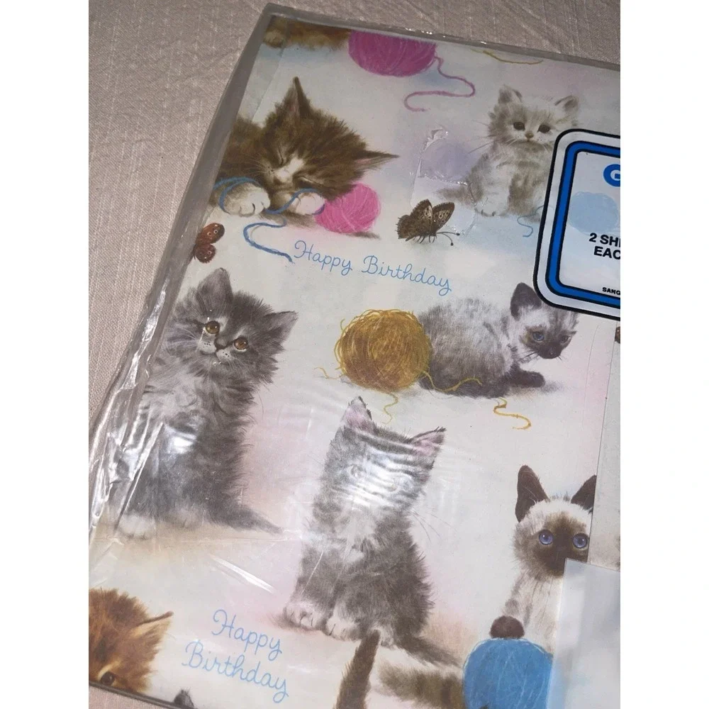 VTG wrapping paper Happy Birthday kittens 2 sheets new